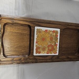 Vintage mid-century wooden cheese board with painted tile by George Briard.